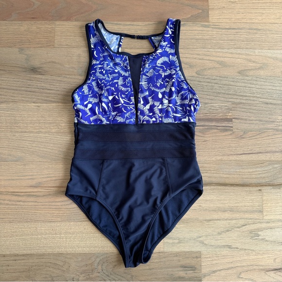 Athleta Batik Floral Mesh Detail Plunge Back Swimsuit - Picture 3 of 8